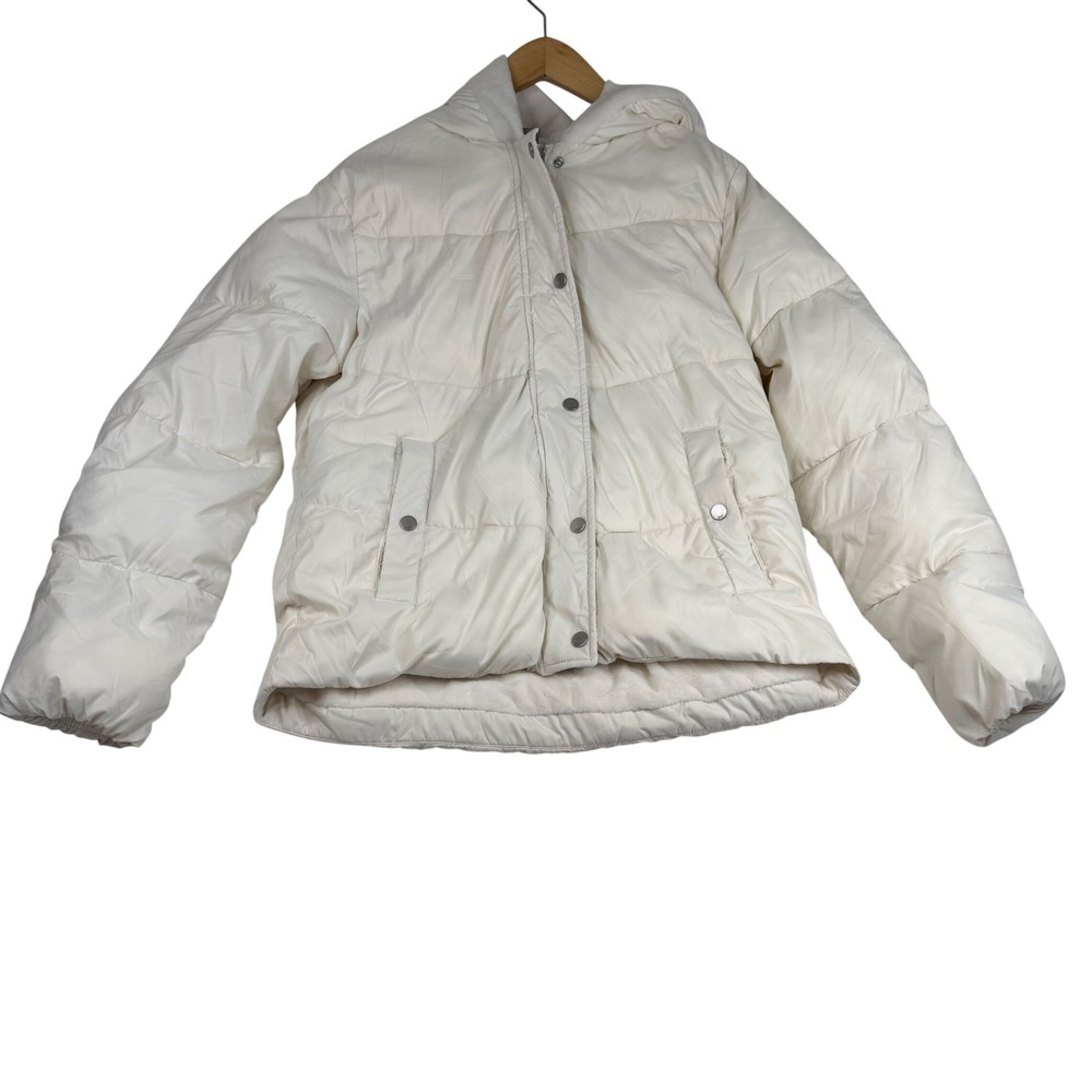 32 Degrees Heat Womens Hooded Puffer Jacket Cream White Faux Fur Lined Small